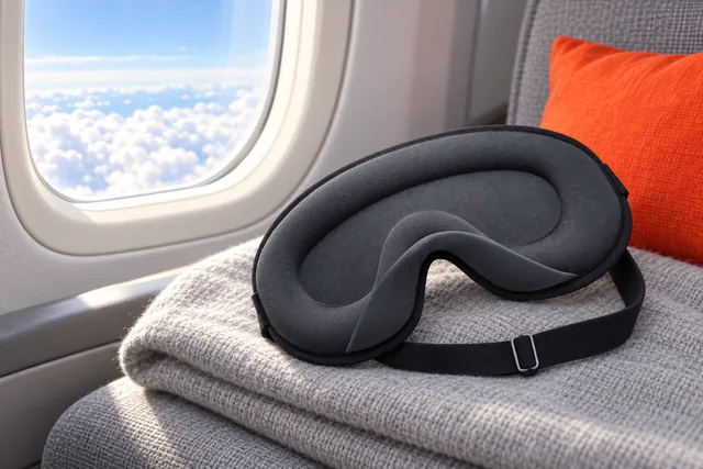 The charcoal gray BlackoutBliss sleep mask on a folded blanket on an aircraft seat by the window, clouds outside