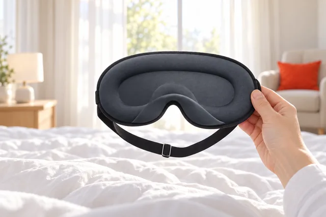 A hand holding the charcoal gray BlackoutBliss sleep mask above a white duvet in a bright bedroom, its contoured inside toward the camera and its strap below