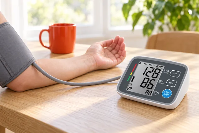 An arm resting on a wooden table with the gray cuff of the BP MeasureX on its upper arm, the monitor beside it showing a reading