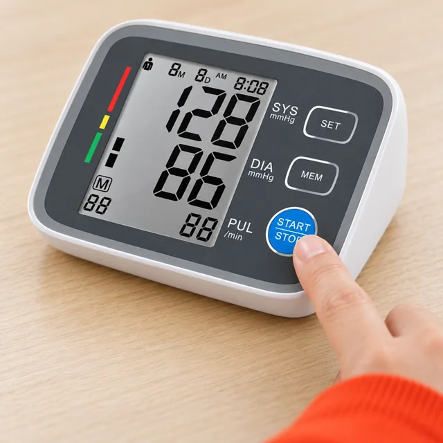 A fingertip pressing the round blue START/STOP button of the BP MeasureX, its large display lit beside it