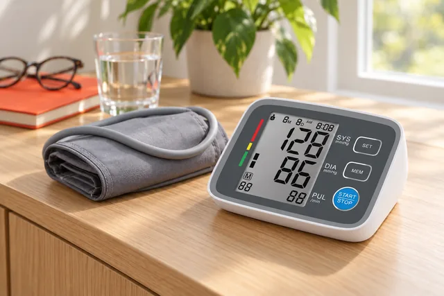 The white BP MeasureX monitor on a wooden sideboard with its gray cuff folded beside it, a glass of water, glasses and a notebook behind