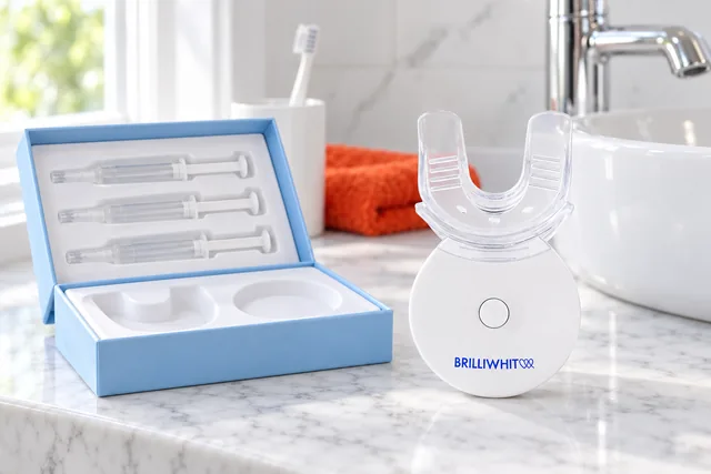 The white BrilliWhite unit standing on a bathroom counter beside its open box with three gel syringes, a toothbrush in a cup behind