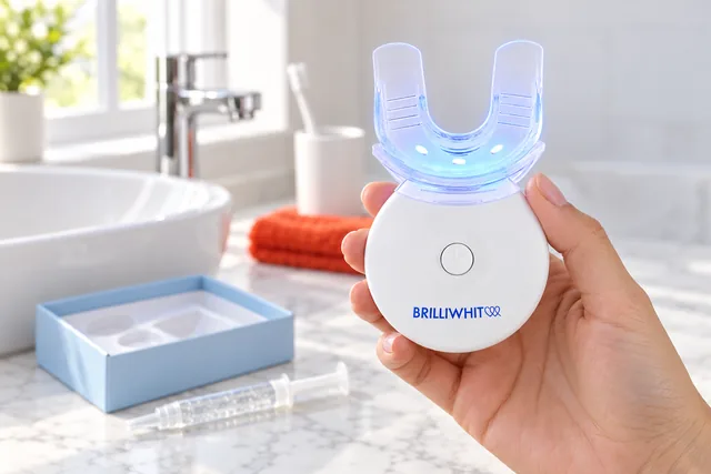 A hand holding the white BrilliWhite unit with its clear mouthpiece lit blue at a bathroom counter, the open kit and a gel syringe beside it