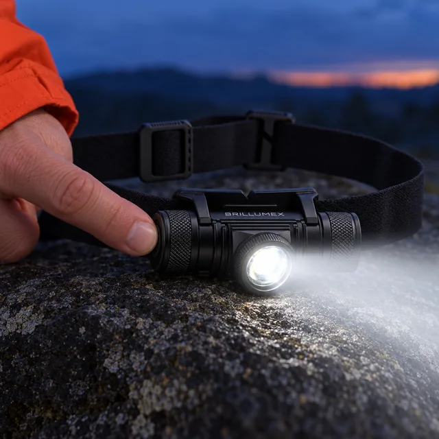 A fingertip on the round button at the end of the Brillumex lamp, set in its cradle on the headband, its lens lit