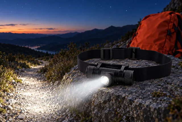 The Brillumex head torch on its black headband set on a rock beside a mountain trail at dusk, its beam lighting the gravel path