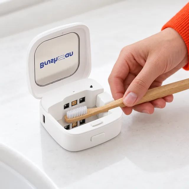 Eine Hand setzt den Kopf einer Bambuszahnbürste in das geöffnete BrushSan, der Deckel steht offen, innen sind die kleinen Leuchtmodule zu sehen