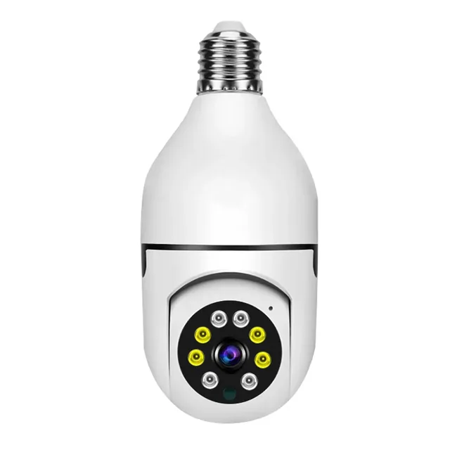 The white BulbGuard Cam standing upright on white, its silver screw thread on top and its lens in a black roundel ringed by small white and yellow LEDs
