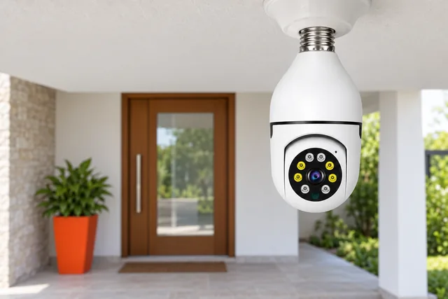 The white BulbGuard Cam screwed into a ceiling light fitting on a covered porch, its lens facing out, a wooden front door behind
