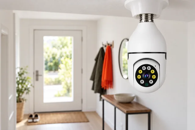 The white BulbGuard Cam in a ceiling lamp holder of a bright entrance hall, coats on hooks, a console table and the front door below