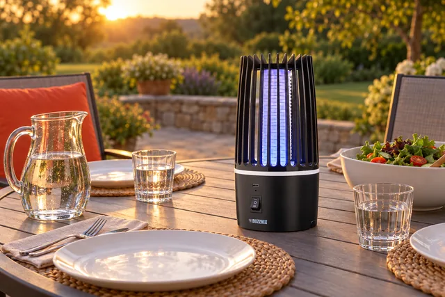 BuzzNix-myggelampen lyser lilla midt på et havebord der er dækket til aftensmad på en terrasse i solnedgangen