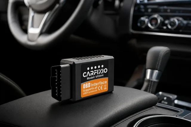 Der schwarze Scanner CarFixio mit orangefarbenem Etikett steht auf der Mittelarmlehne eines Autos, dahinter unscharf Lenkrad und Schalthebel