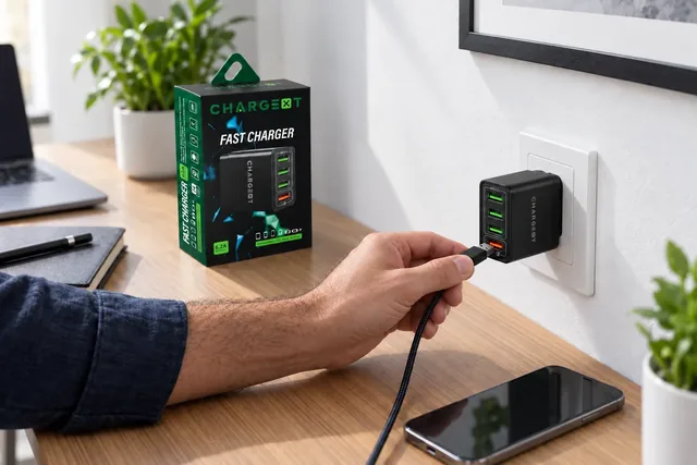 Une main branche un câble USB dans le port orange du ChargeXT, dans une prise murale, sa boîte noire et verte sur le bureau, à côté d’un ordinateur portable et d’un téléphone