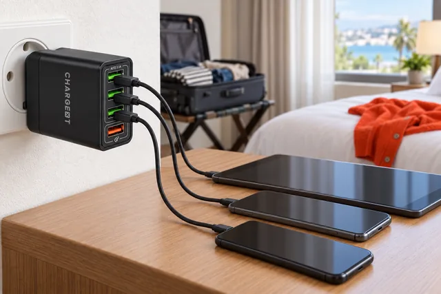 Le ChargeXT noir dans une prise murale au-dessus d’une table de chevet d’hôtel, une tablette et deux téléphones sur ses câbles, une valise ouverte derrière
