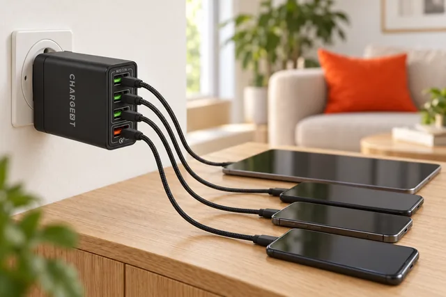 Le ChargeXT noir dans une prise murale au-dessus d’un buffet, quatre câbles tressés reliés à une tablette et à trois téléphones