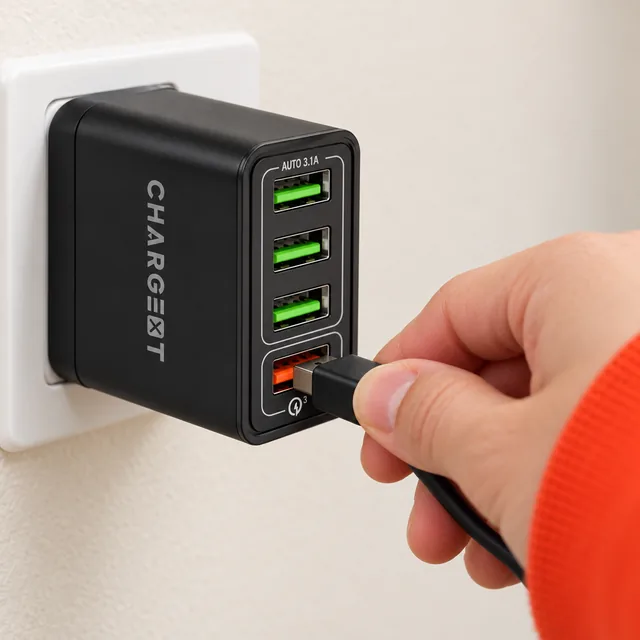 Une main enfonce une fiche USB dans le port QC orange du ChargeXT noir, les trois ports verts au-dessus