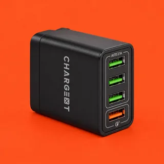 ChargeXT, le chargeur USB noir à quatre ports, trois verts et un orange, sur fond vermillon