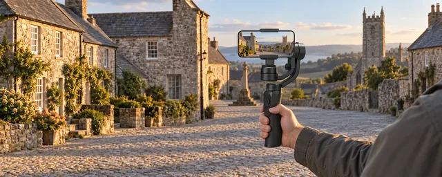 A hand holding the black CineCruise gimbal out over a cobbled old town square, a phone sideways in its clamp showing the square