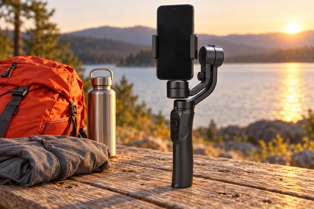 The black CineCruise gimbal standing upright on a wooden table by a lake at sunset, a phone in its clamp in portrait, a backpack and a bottle beside it