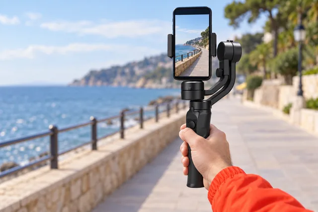 A hand holding the black CineCruise gimbal out on a seaside promenade, a phone in its clamp filming the path ahead