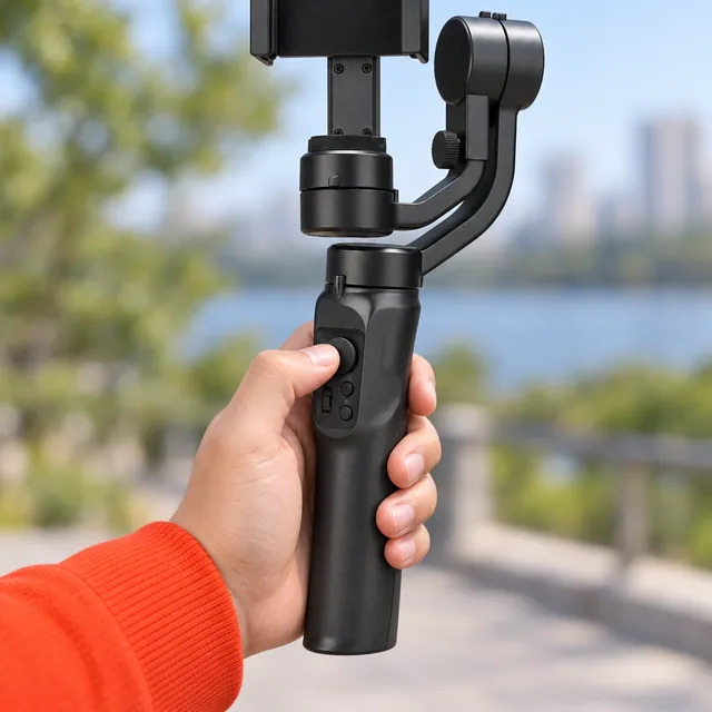 A hand holding the black CineCruise gimbal by its handle, the thumb at the round stick above the small buttons