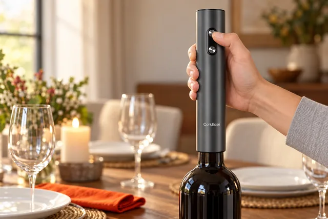 En hånd holder den mørkegrå CorkEase oprejst på halsen af en vinflaske ved et middagsbord dækket med glas og tallerkener