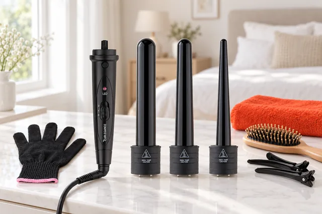 The black Curlegance handle standing on a white dressing table beside its three barrels, the heat glove, a hairbrush and hair clips