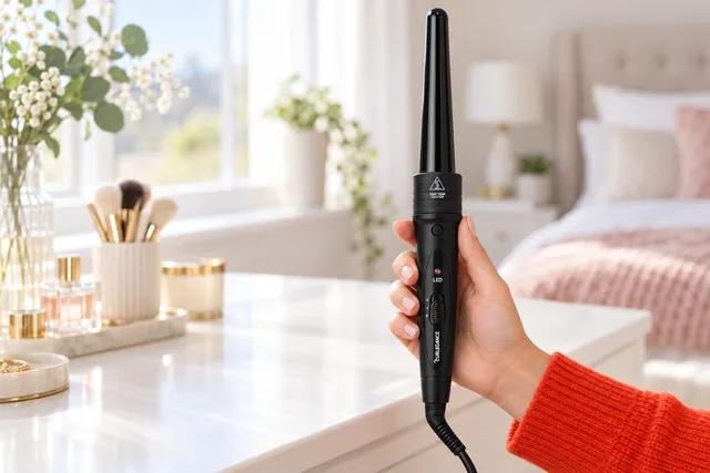 A hand holding the black Curlegance wand upright with the tapered barrel fitted, its LED lit, in a bright bedroom with a dressing table behind