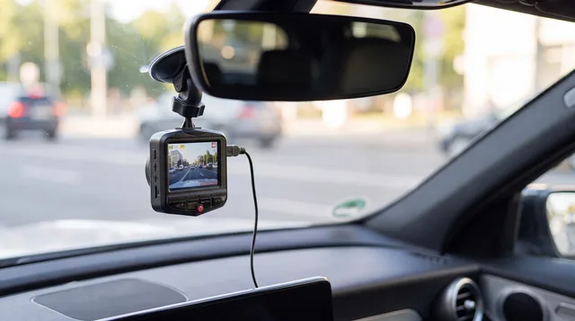 DashSentry hænger i en holder på en bils forrude ved siden af bakspejlet, set inde fra bilen, med gaden udenfor sløret