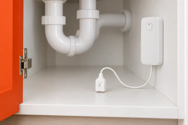 Der weiße DrySentinel Pro in einem Schrank unter der Spüle, das Gehäuse an der Seitenwand befestigt, das Kabel führt hinunter zum Fühler auf dem trockenen Boden unter den Rohren