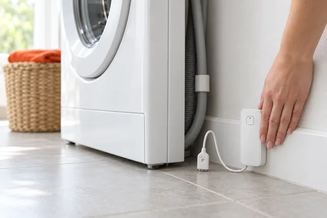 Eine Hand setzt das weiße Gehäuse von DrySentinel Pro neben einer Waschmaschine an die Wand, das Kabel führt zum Fühler, der auf dem Fliesenboden bei den Schläuchen steht