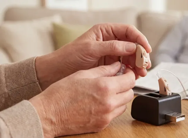 Two hands holding one beige EarHear aid by its clear dome, beside the black dock where the other aid stands, its USB plug to the right