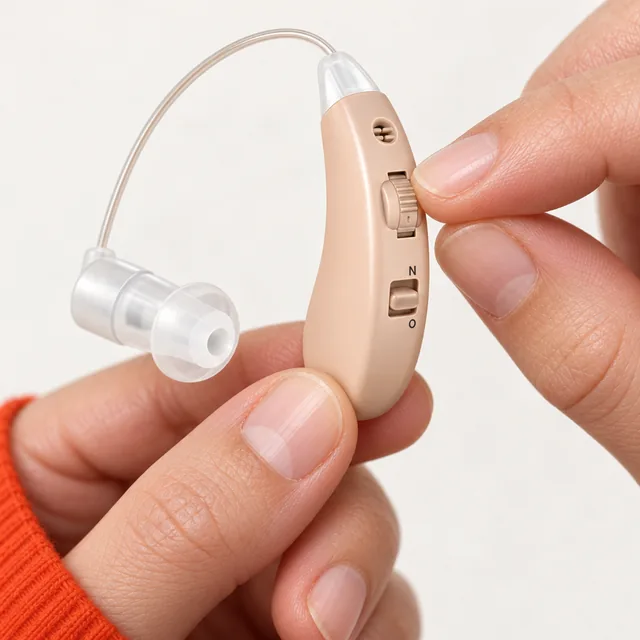 A fingertip on the ridged volume wheel of a beige EarHear aid held in the other hand, its clear dome at the left