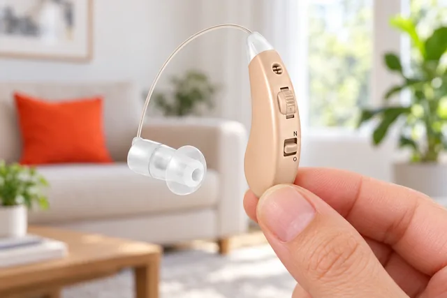 A hand holding one beige EarHear hearing aid in a bright living room, its thin clear tube and silicone dome in view