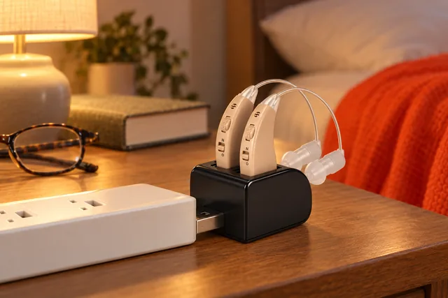 Both beige EarHear aids standing in their black charging dock on a bedside table, its USB plug in a power strip, glasses and a book beside it