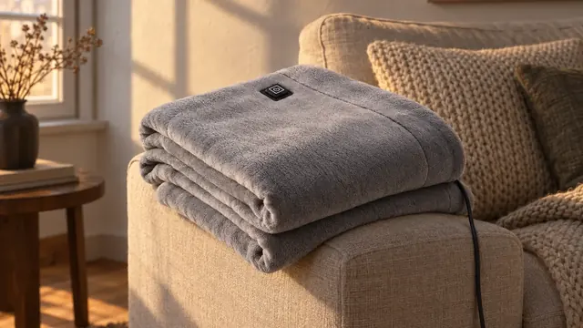 The EmberHug folded over the arm of a sofa, the small patch on its top fold and its cable hanging down, a knitted cushion behind it