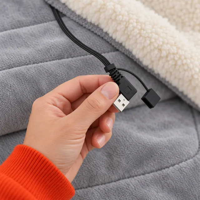A hand holding the USB plug at the end of the EmberHug's flat black cable, its small cap on a tether, the fleece and the sherpa behind it