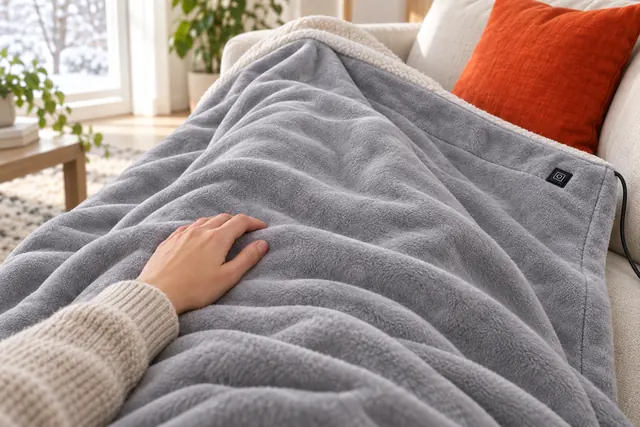 The gray EmberHug blanket spread over someone's legs on a sofa, one hand resting on it, its control patch near the corner and its cable running down the side