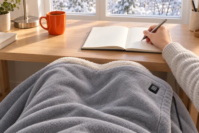 The gray EmberHug blanket over the knees at a desk by a snowy window, a hand writing in a notebook beside a mug and a lamp