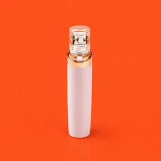 EpiGlow, the slim pale pink facial epilator with its rose gold band and clear cap, standing upright on a vermilion background