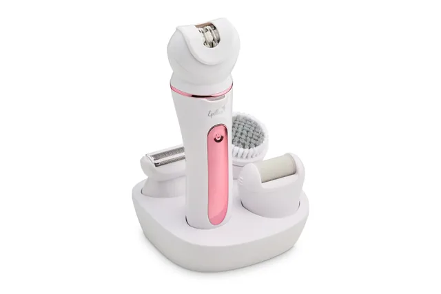 The Epillax handle standing in its charging stand with three more heads in the stand's cups, on white