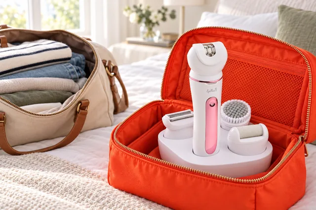 The Epillax handle standing in its charging stand with three heads in its cups, in an open toiletry bag beside a weekend bag on a bed