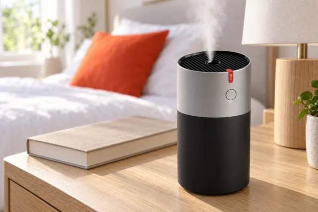 The EvenBreeze humidifier on a bedside table in a bright bedroom, a plume of mist rising from its top, a book beside it