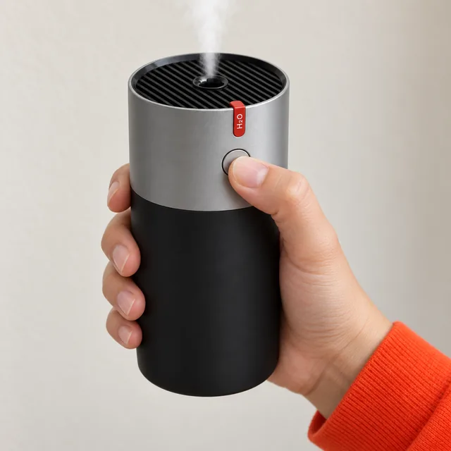 A hand holding the EvenBreeze, the thumb on its round button, the H2O tab at the rim above it