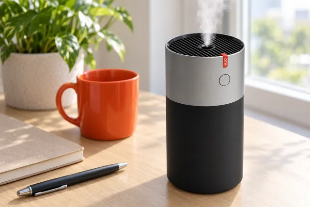 The EvenBreeze misting on a wooden desk by a window, a notebook, a pen, a mug and a potted plant around it
