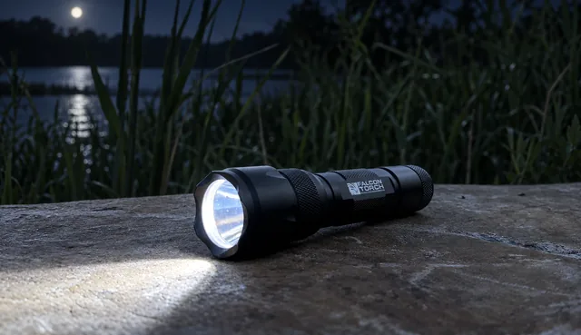 The Falcon Torch lying on a flat rock at night with its beam on, reeds and a moonlit lake behind it