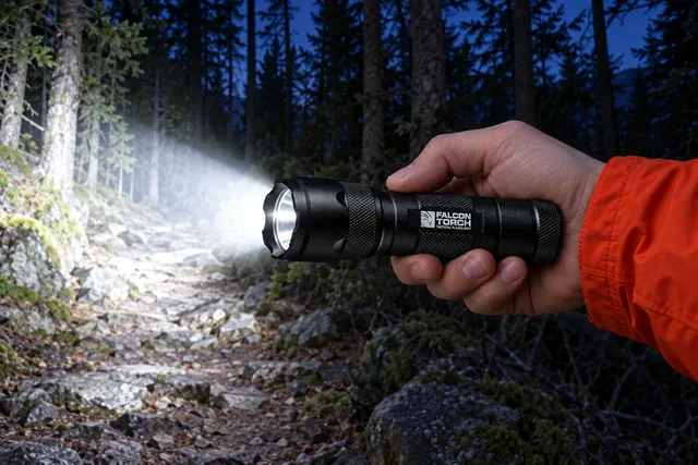 A hand holding the Falcon Torch on a stony forest trail at dusk, its beam lighting the path and the trees ahead