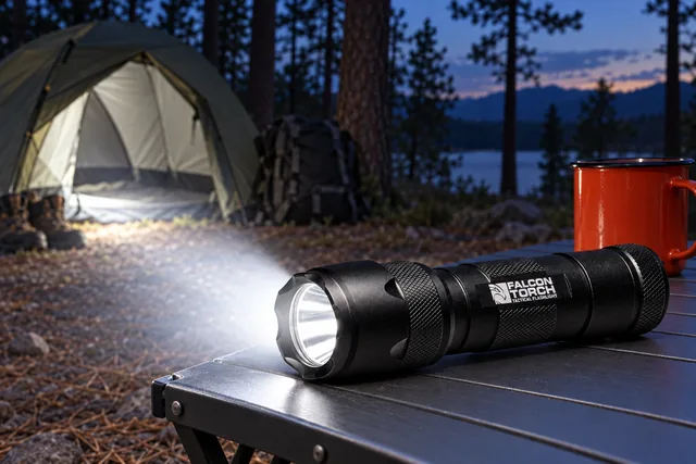 The Falcon Torch lying on a camping table at dusk, its beam lighting the open tent, a backpack beside the tent