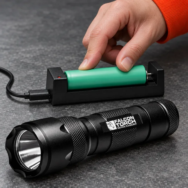 A hand setting the green cell into the Falcon Torch's single bay charger, its cable running out of view, the torch in front of it