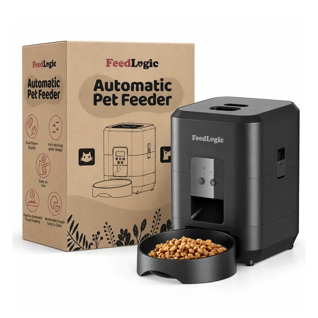 The FeedLogic feeder with its bowl of kibble in front, standing before its kraft brown box on white