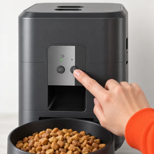 A fingertip on a button of the FeedLogic's front panel, the SET button and the Wi-Fi light beside it